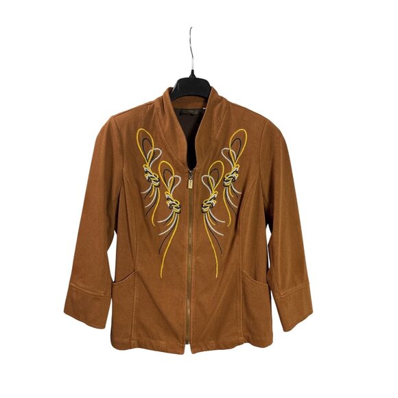 Bob Mackie Smart Denim Embroidered Full Zip Jacket Pockets M Brown Gold Black - Picture 1 of 5